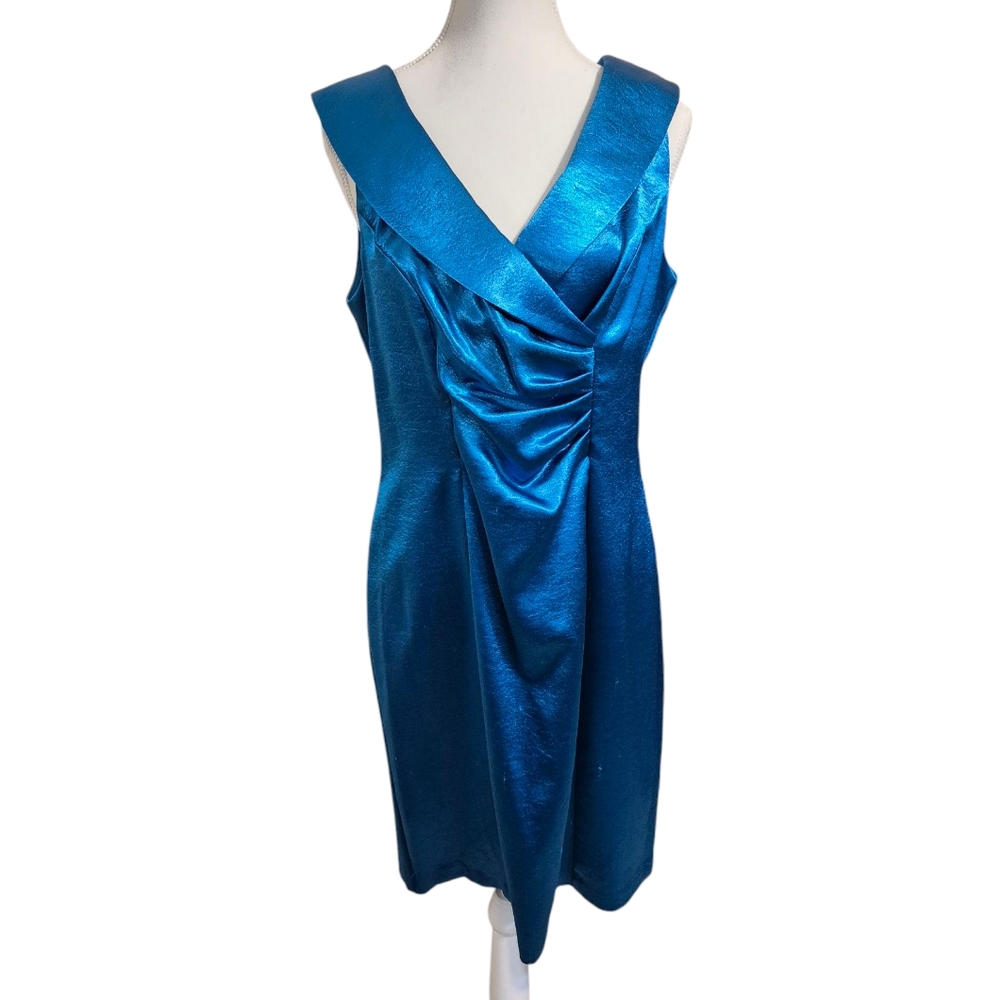 Connected Apparel Blue Sheath Midi Dress V-Neck Sleeveless